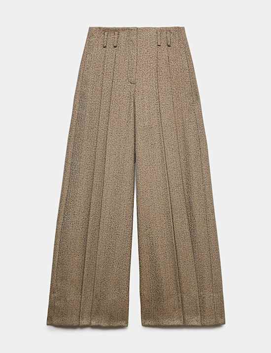 Tweed Herringbone Pleated Wide Leg Trousers