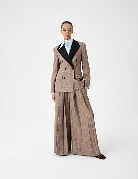 Tweed Fitted Herringbone Contrast Double Breasted Fitted Blazer