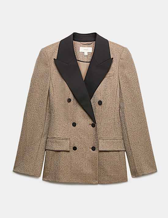 Tweed Fitted Herringbone Contrast Double Breasted Fitted Blazer