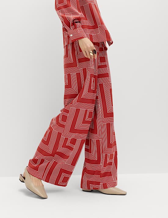 Satin Twill Printed Wide Leg Trousers