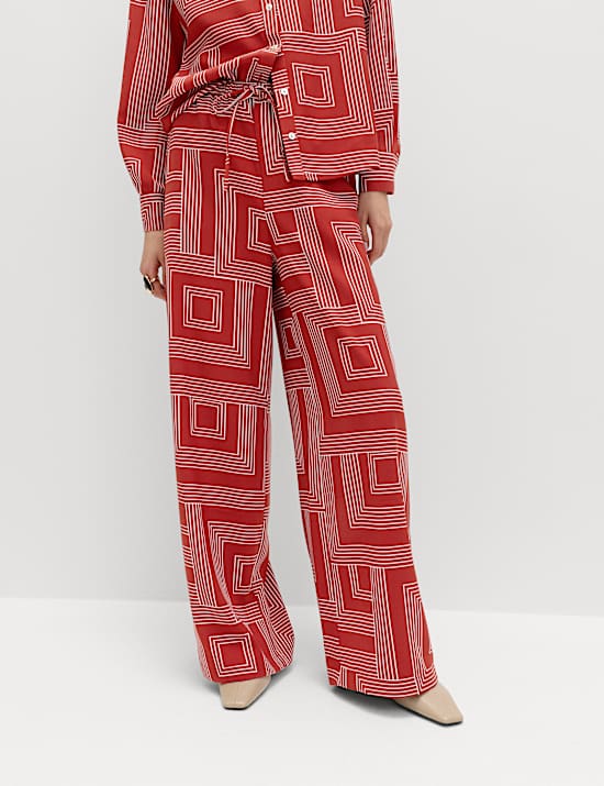 Satin Twill Printed Wide Leg Trousers