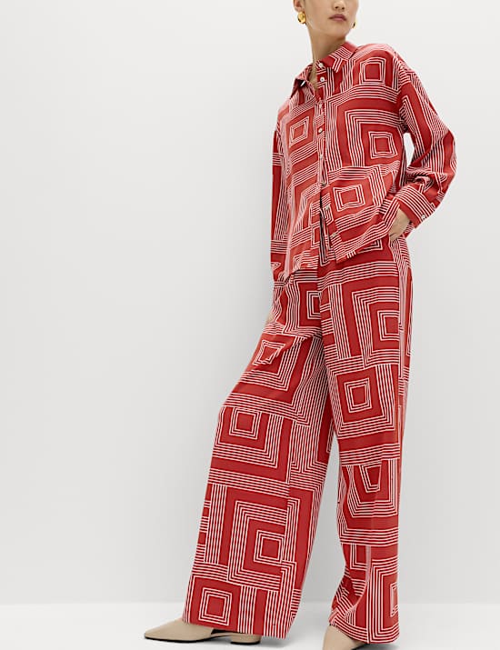 Satin Twill Printed Wide Leg Trousers