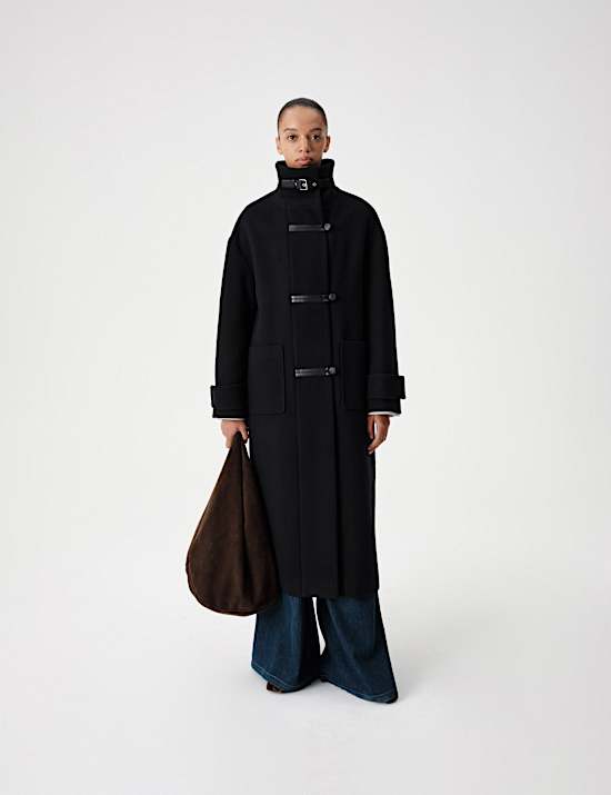 Funnel Neck PU Trim Longline Coat