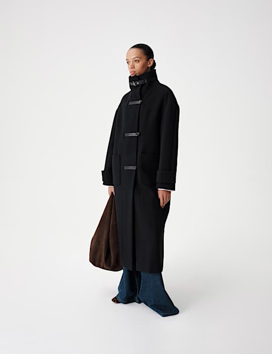 Funnel Neck PU Trim Longline Coat