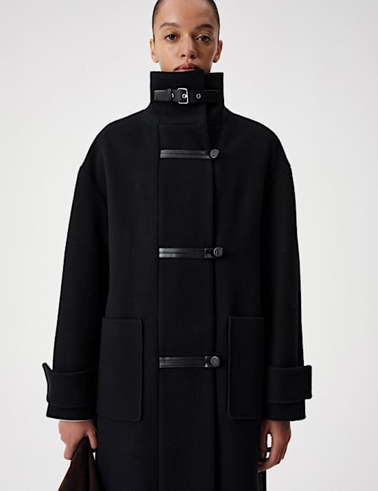 Funnel Neck PU Trim Longline Coat