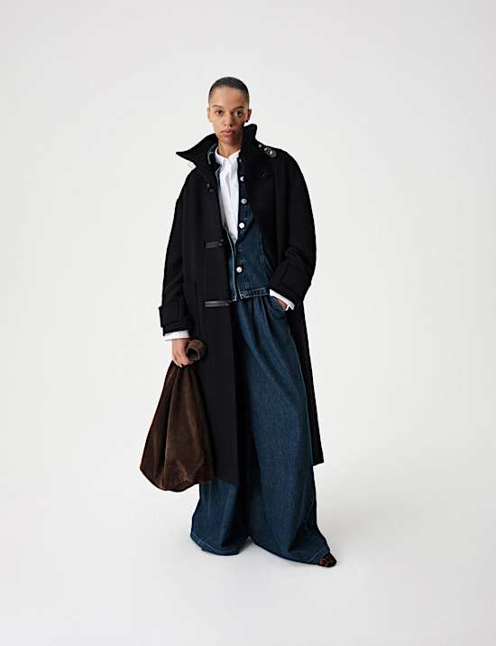 Funnel Neck PU Trim Longline Coat