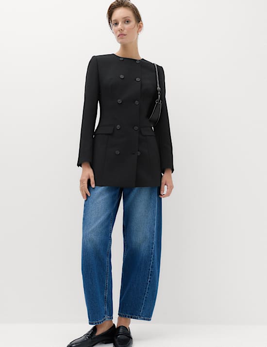 Double Breasted Collarless Longline Blazer