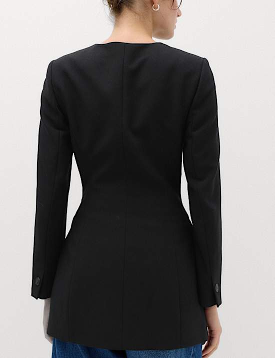 Double Breasted Collarless Longline Blazer