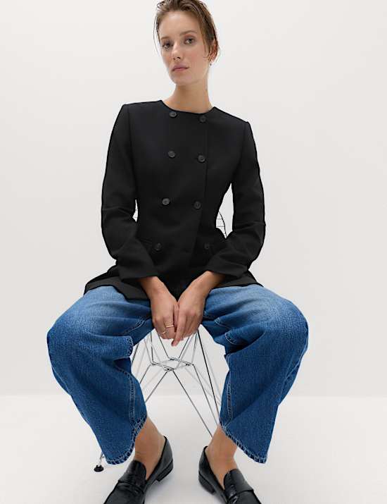 Double Breasted Collarless Longline Blazer