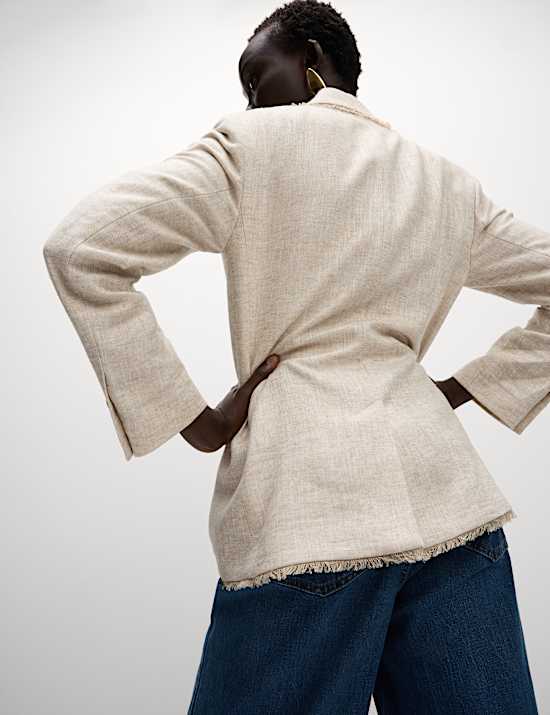 Linnenrijke, gemêleerde blazer met onafgewerkte rand