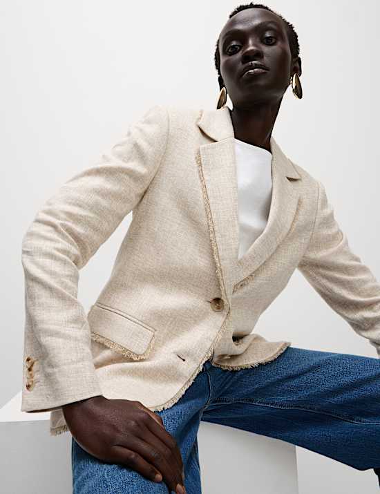 Linnenrijke, gemêleerde blazer met onafgewerkte rand