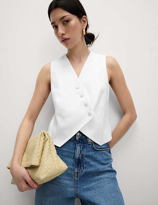 Linen Rich Twill Textured Asymmetric Waistcoat