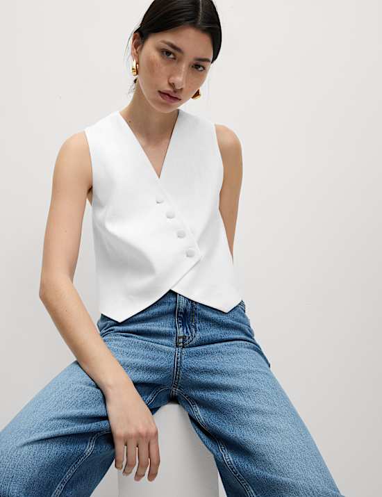 Linen Rich Twill Textured Asymmetric Waistcoat