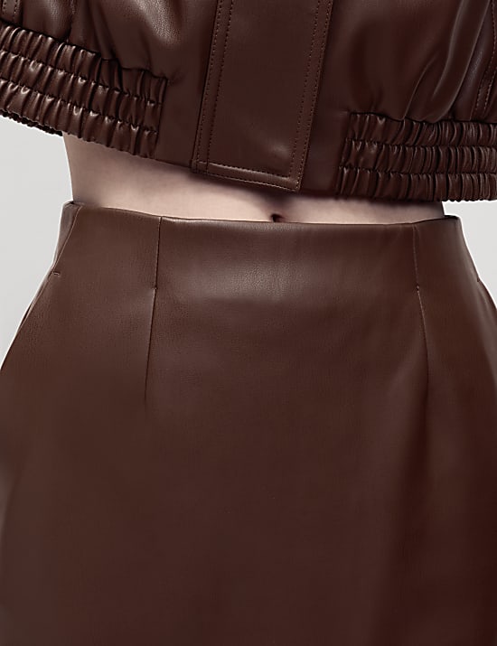 Leather Look Knee Length A-Line Skirt