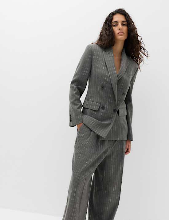 Pinstripe Double Breasted Blazer with Wool