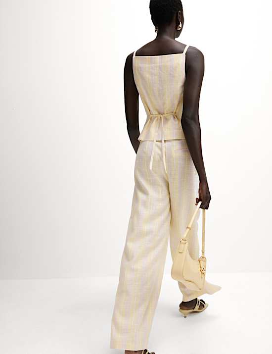 Linen Blend Striped Wide Leg Trousers