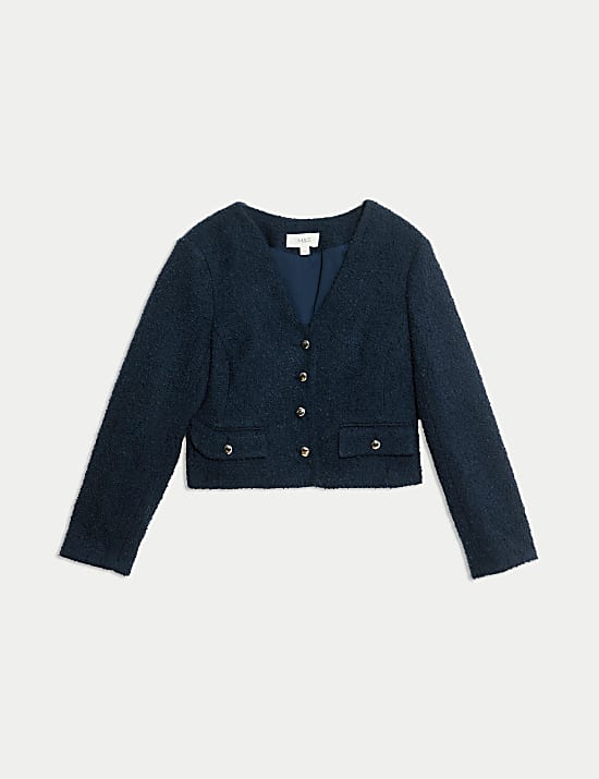 Tweed-Jacke mit V-Ausschnitt und Fransen