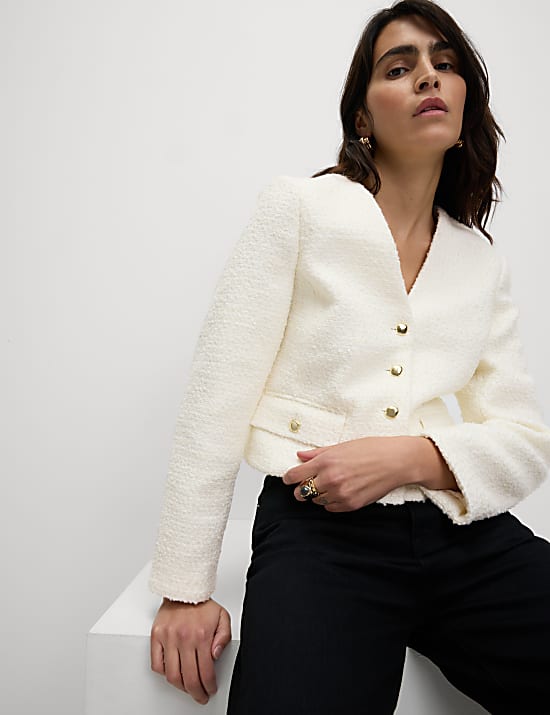 V Neck Fringe Tweed Jacket