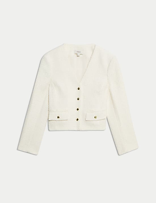 V Neck Fringe Tweed Jacket