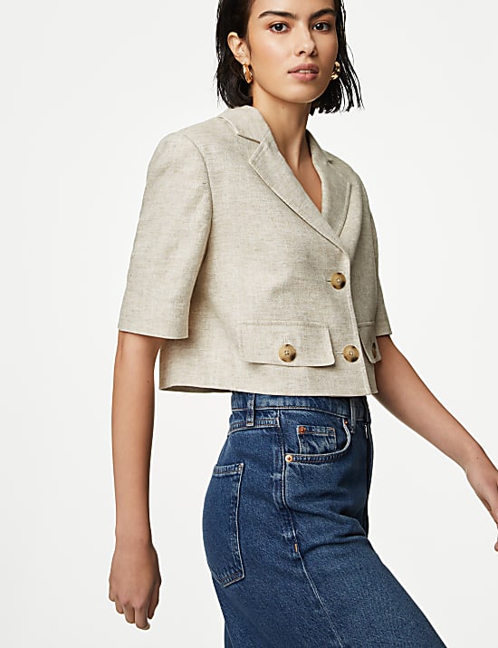 Linen Blend Short Sleeve Cropped Blazer