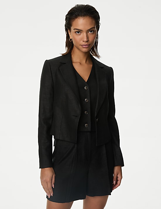 Linen Blend Revere Collar Cropped Blazer