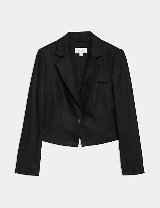 Linen Blend Revere Collar Cropped Blazer