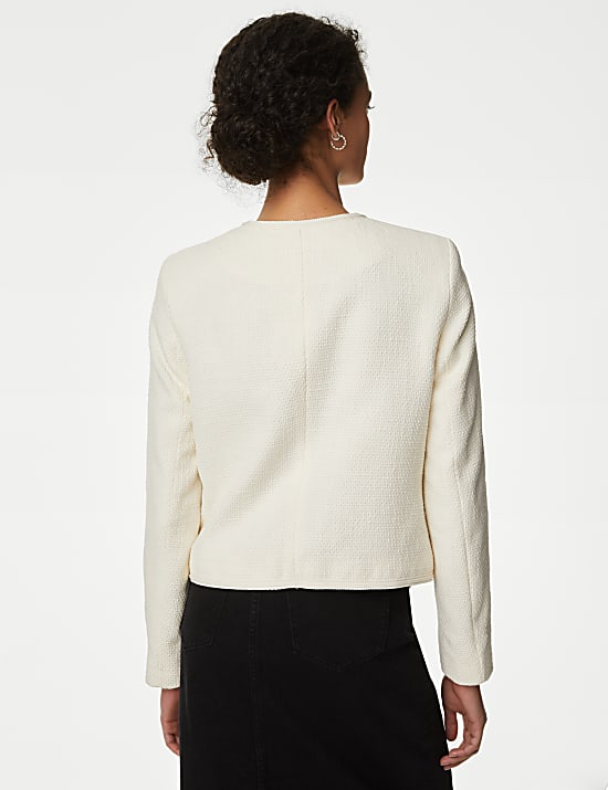 Pure Cotton Tweed Collarless Short Jacket