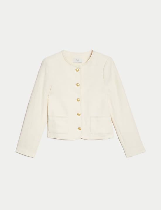 Pure Cotton Tweed Collarless Short Jacket