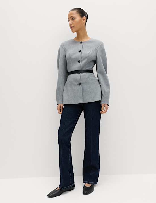 Tailored Hourglass Collarless Cinched Waist Jacket