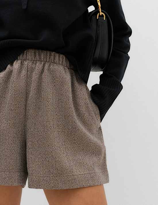 Celana Pendek Berikat Pinggang Tinggi Pola Herringbone
