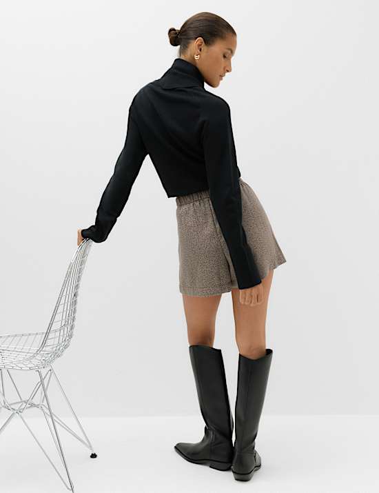 Celana Pendek Berikat Pinggang Tinggi Pola Herringbone