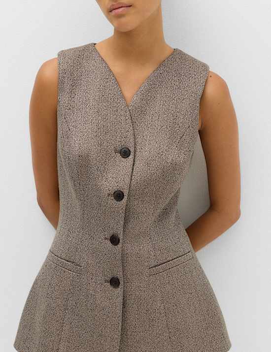 Neppy Herringbone Collarless Cinched Waistcoat