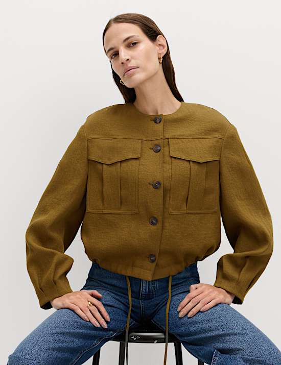Collarless Utility Jacket With Linen