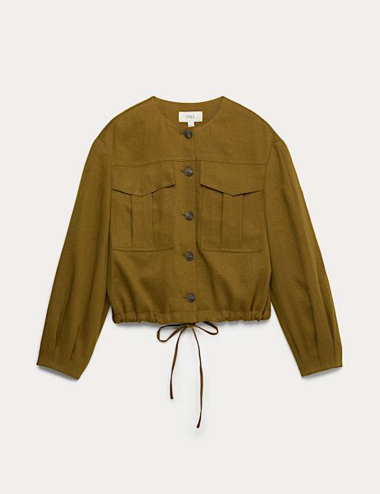 Collarless Utility Jacket With Linen