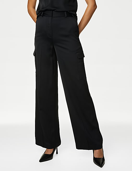 Satin Cargo Wide Leg Trousers