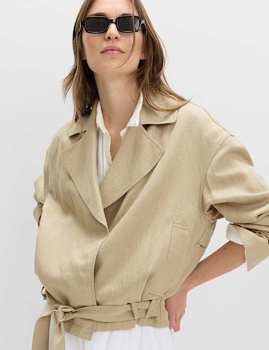 Linen Blend Belted Cropped Jacket