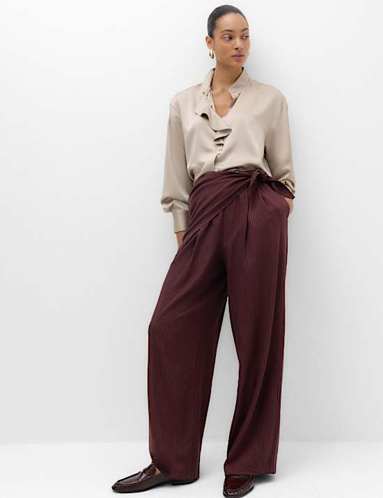 Pinstripe Detachable Wrap Detail Wide Leg Trousers