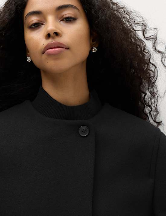 Collarless Short Button Through Jacket with Wool