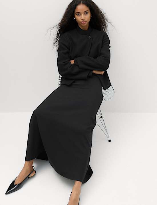 Collarless Short Button Through Jacket with Wool