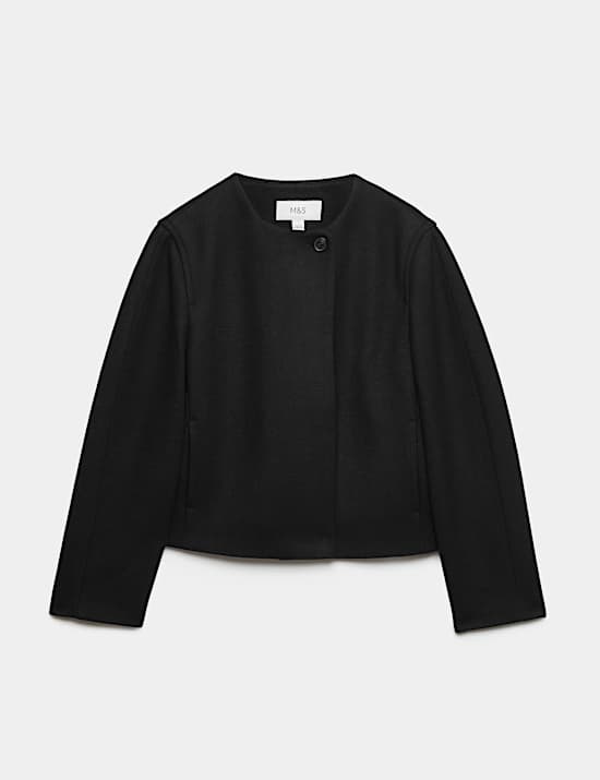 Collarless Short Button Through Jacket with Wool