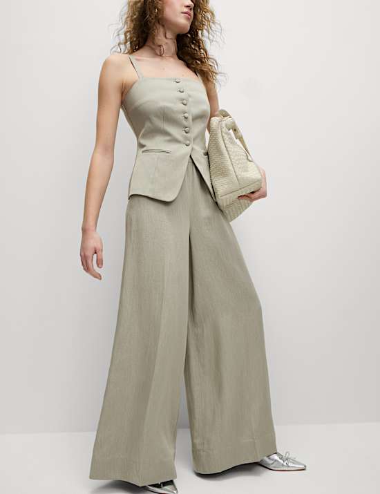 Linen Blend Twill Palazzo Trousers