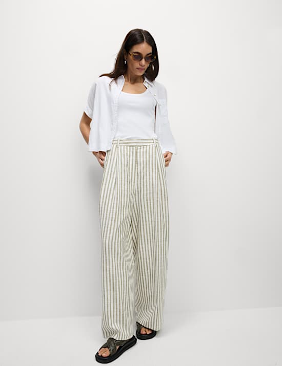 Linen Blend Striped Pleated Wide Leg Trousers
