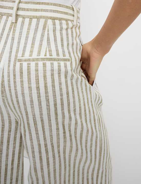 Linen Blend Striped Pleated Wide Leg Trousers