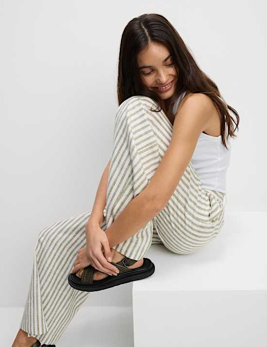 Linen Blend Striped Pleated Wide Leg Trousers
