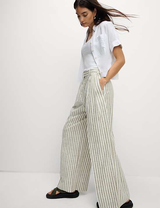 Linen Blend Striped Pleated Wide Leg Trousers