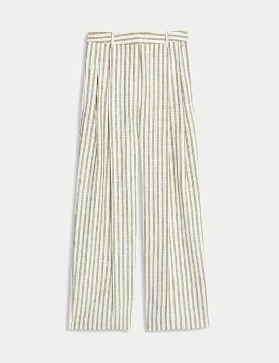 Linen Blend Striped Pleated Wide Leg Trousers
