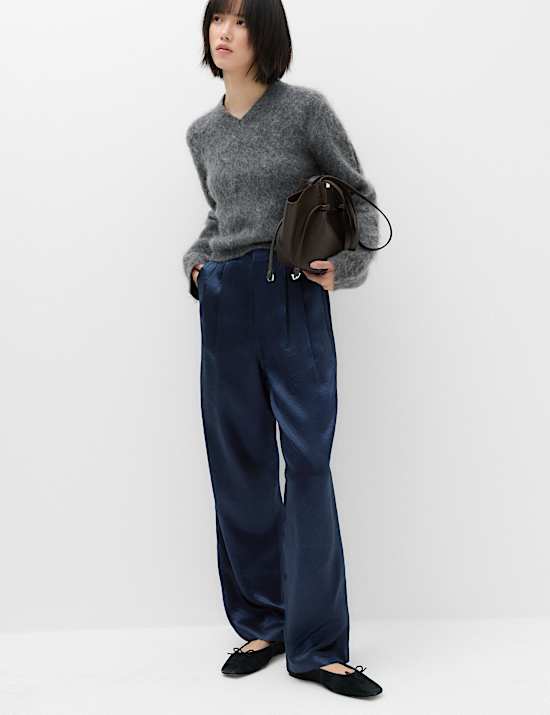 Satin Pleated Wide Leg Trousers