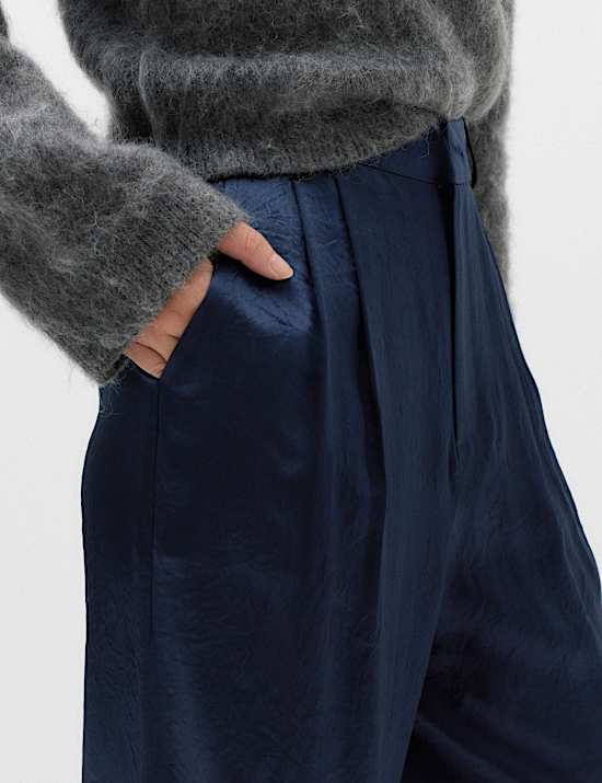 Satin Pleated Wide Leg Trousers