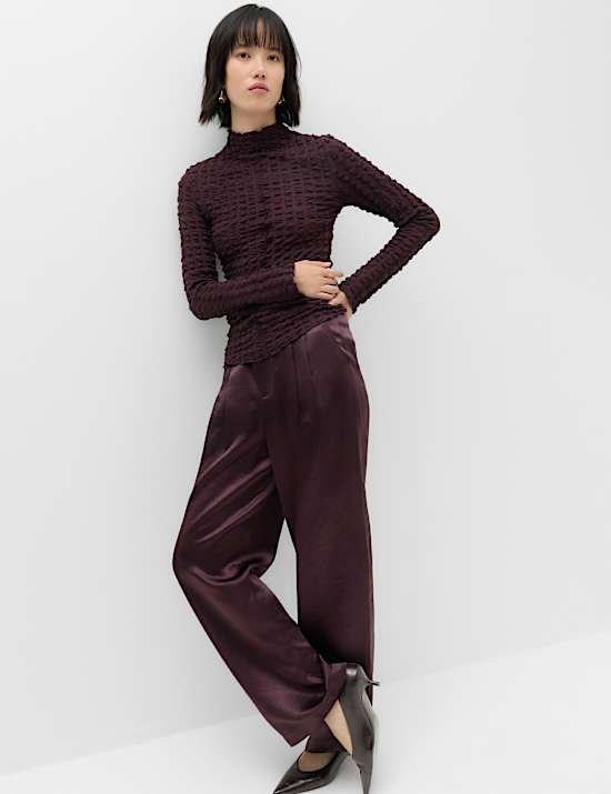 Satin Pleated Wide Leg Trousers