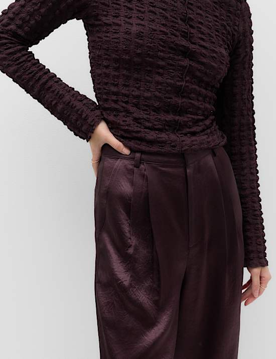 Satin Pleated Wide Leg Trousers